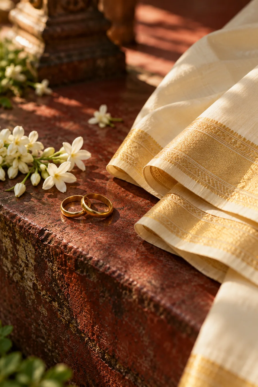 Illustrative wedding details with flowers and silk