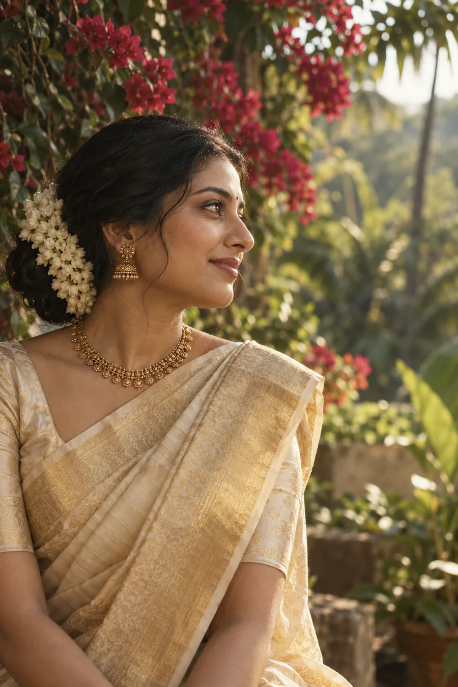 Illustrative bridal portrait with warm light and traditional jewellery